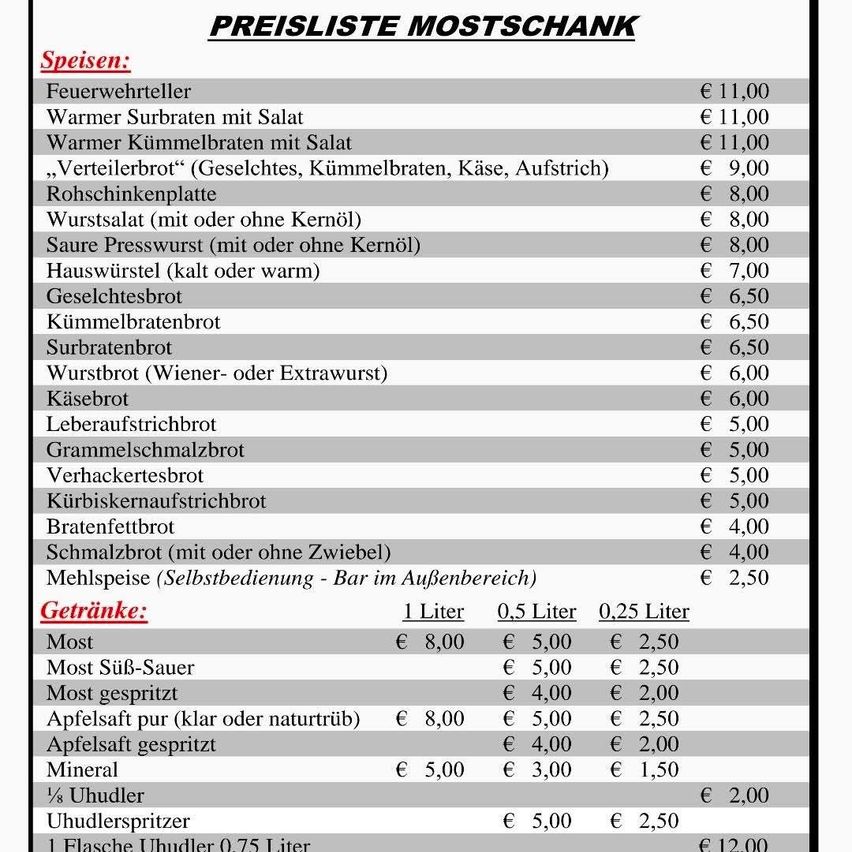 The image shows a menu from a bar or restaurant, listing various food and drink options with their prices. Food items include 'Feuerwehrteller', 'Warmer Surbraten mit Salat', and more, while drink options range from 'Most' to 'Uhudlerspritzer'. Prices are listed for 1, 0.5, and 0.25 liter quantities.