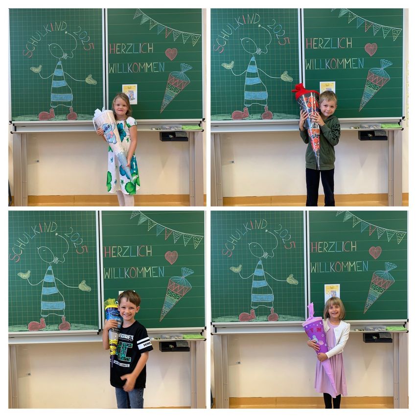 Eine Collage aus vier Fotos von Kindern, die Geschenkkegel vor einer Tafel mit einer fröhlichen Zeichnung und Worten halten. Jedes Kind lächelt und hält einen Kegel mit einem roten Band.