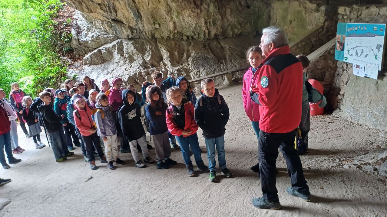 Eine Gruppe von Kindern steht in einer Höhle mit einem Mann in einem roten Jacken, der eine Führung gibt. Die Kinder tragen Jacken und Turnschuhe und stehen in einem Halbkreis.