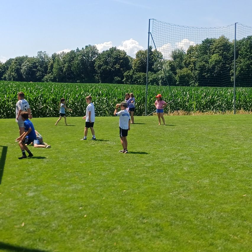 Eine Gruppe von Kindern spielt auf einem Grasfeld mit einem Maisfeld im Hintergrund. Einige tragen Turnschuhe, und ein Torpfosten ist sichtbar. Bäume umgeben das Gebiet.