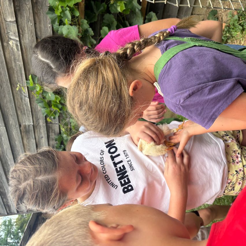 Eine Gruppe von Kindern, von denen eines einen kleinen Vogel hält, schaut in einem Garten etwas an. Ein Kind trägt ein weißes T-Shirt mit den Worten 'Beneton' und 'Seit 1979'.