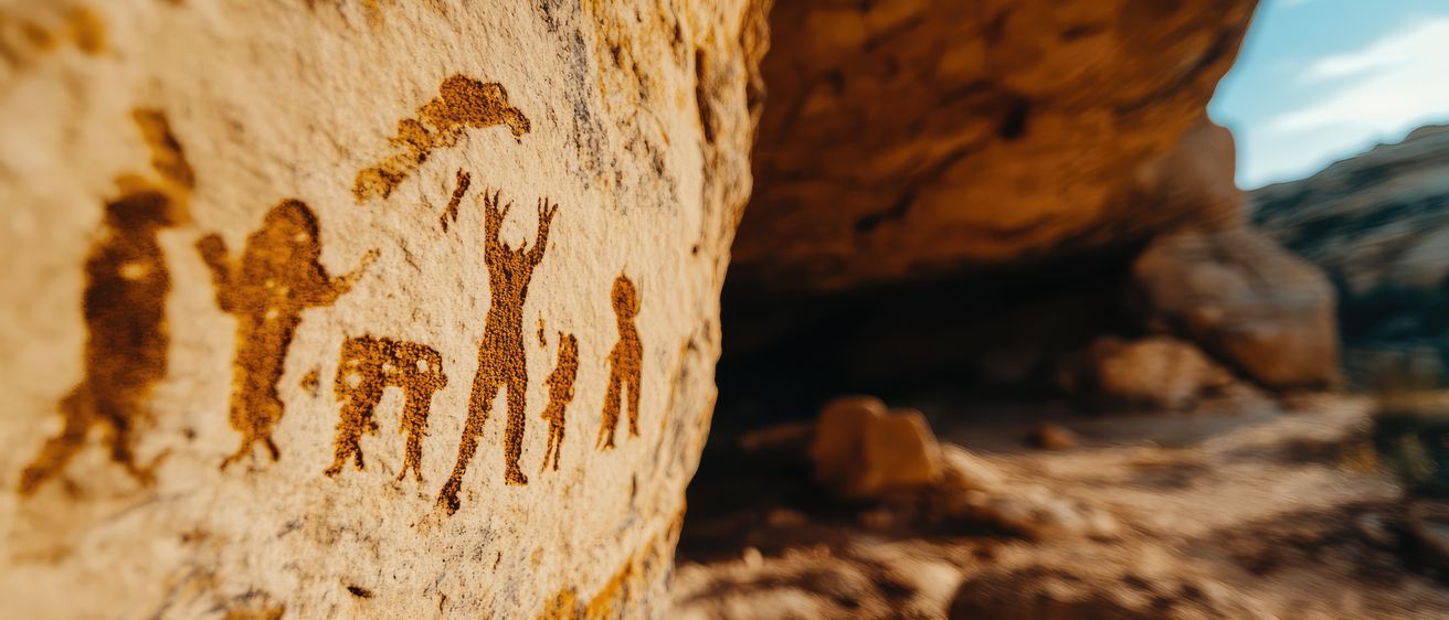 Eine Felswand mit alten Zeichnungen von Menschen, von denen einer die Hände zu erheben scheint. Die Zeichnung ist verblasst und zeigt Anzeichen von Verwitterung.