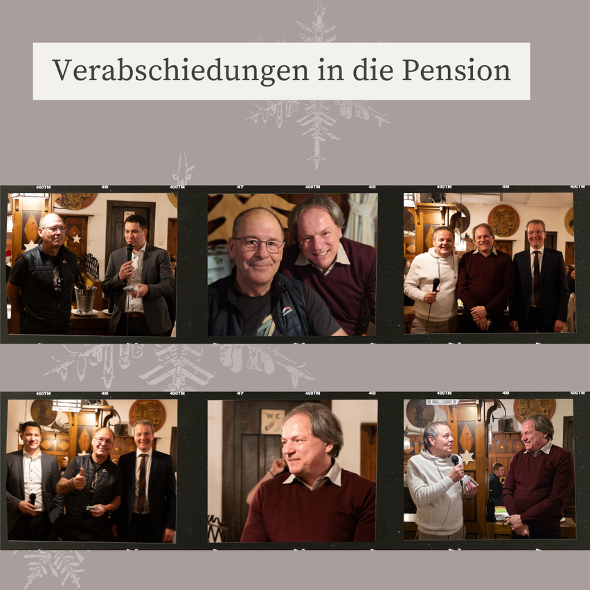 Eine Collage von Fotos zeigt Menschen in formeller Kleidung bei einer Abschiedsfeier. Schneeflocken zieren den Hintergrund. Die obere Reihe zeigt Männer, die stehen und sprechen. Die untere Reihe zeigt einen Mann, der in ein Mikrofon spricht.