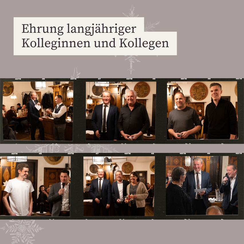 Eine Collage von Bildern, die eine Gruppe von Menschen, sowohl Männer als auch Frauen, in formeller Kleidung zeigt, in einer Umgebung, die wie eine Feier oder ein Ereignis erscheint, mit einem Titel in Deutsch.