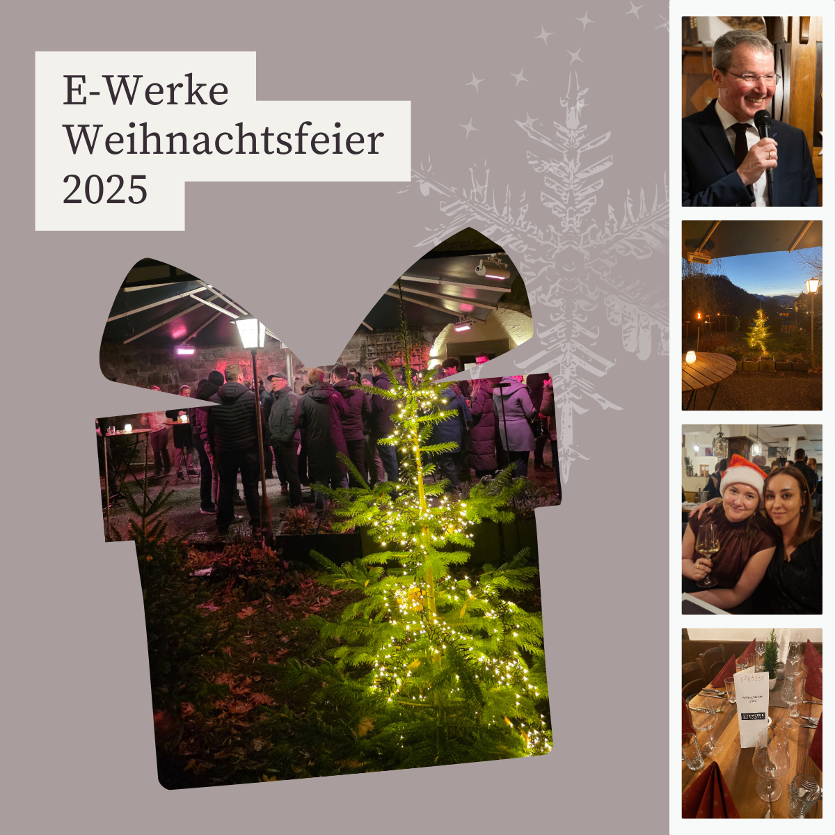 Eine Collage mit einem beleuchteten Weihnachtsbaum, Menschen, die darum stehen, und einem lächelnden Mann, der ein Mikrofon hält. Die Collage ist in einer geschenkähnlichen Form eingerahmt.