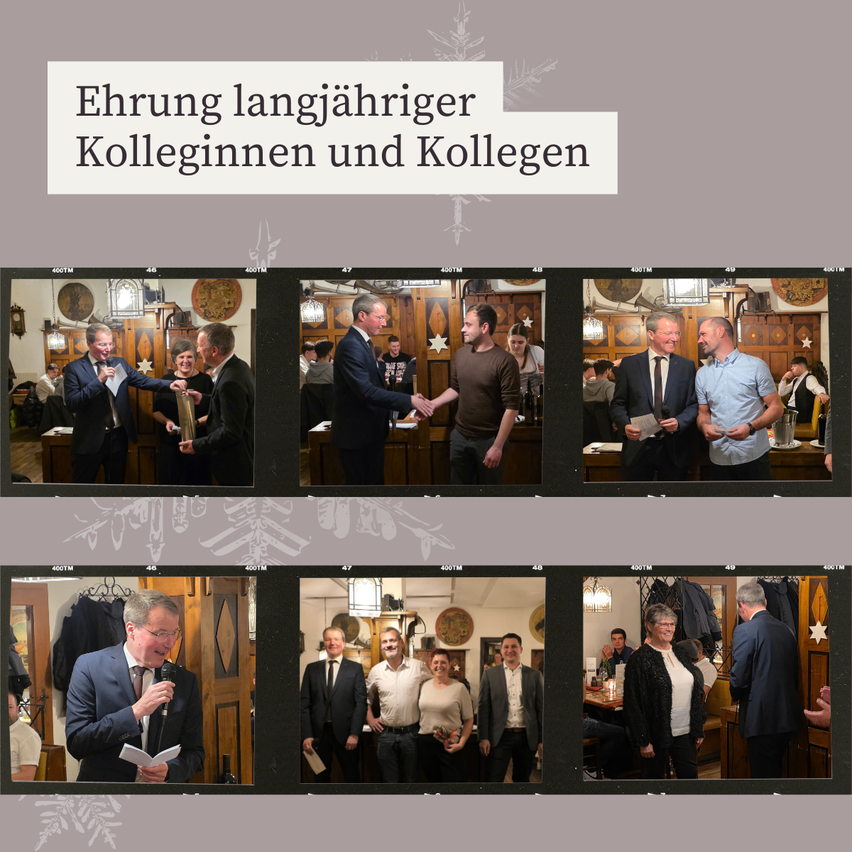 Eine Collage von Fotos zeigt verschiedene Szenen einer Feier. Männer und Frauen in formeller Kleidung sind zu sehen, wie sie Hände schütteln, Auszeichnungen entgegennehmen und in einem Raum zusammenstehen.