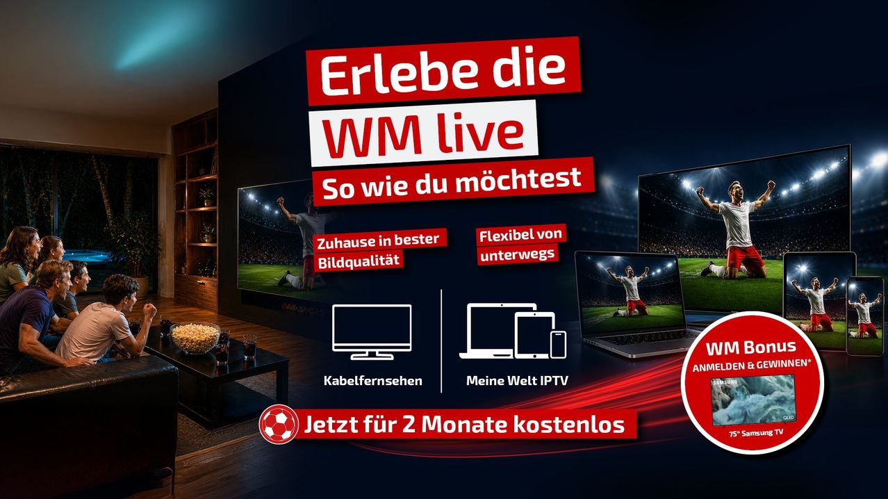 An advertisement for WM live, showcasing soccer on a TV, laptop, and smartphone, emphasizing quality and flexibility. Offer for free trial for two months.