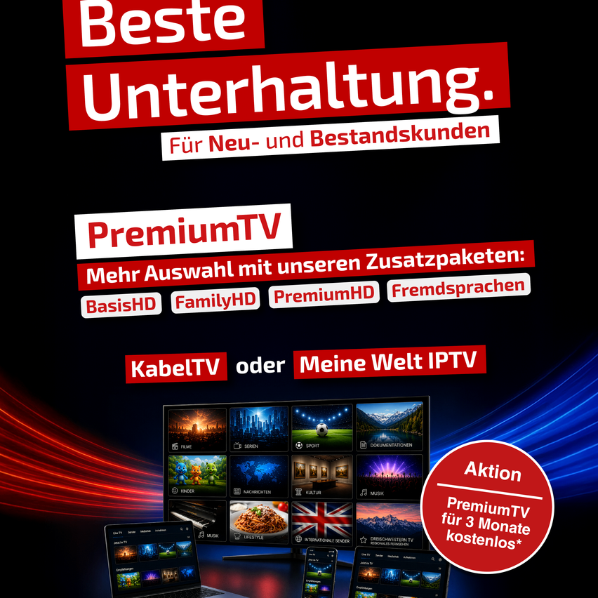 An advertisement for PremiumTV showcasing various TV packages and features, including options like BasisHD, FamilyHD, PremiumHD, and foreign languages, with a promotional offer for three months free.