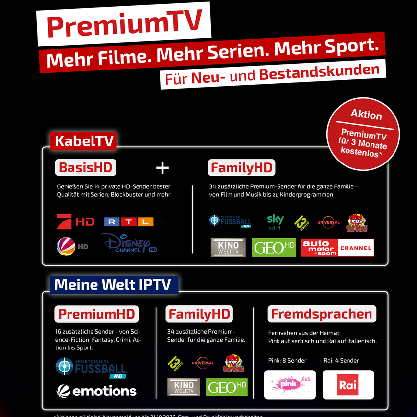 PremiumTV advertisement showcasing various TV packages including KabelTV, BasisHD, FamilyHD, PremiumHD, FamilyHD, and Fremdsprachen. Each package offers different channels and benefits.