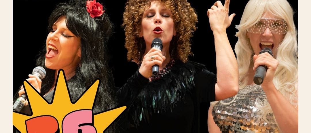 Plakat für das Divas of Pop-Event mit singenden Frauen. Der Text lautet Divas of Pop und das Datum ist der 26. April, 19:30. Die Künstler sind Christa Jeitler, Karl Wapp, Bernhard Macheiner, Gunther Holzer, Stefan Emser und weitere Überraschungsgäste.