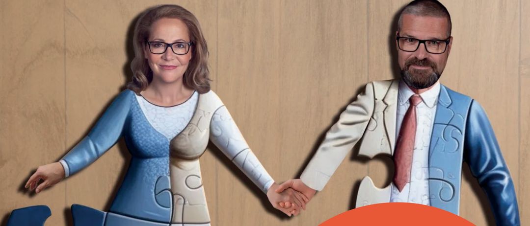 Plakat für eine Aufführung von 'Andere Irrtumer' von Weinzetl und Rudle, mit zwei Figuren aus Puzzleteilen, die Händchen halten. Das Datum der Aufführung ist der 11. April 2026.