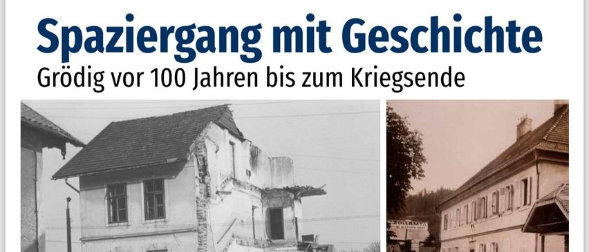 Eine Anzeige für eine geführte historische Tour in Grödig, Salzburg, Österreich, zeigt ein beschädigtes Schulgebäude und eine Gruppe von Menschen. Die Tour, geleitet von Karl Heinz Wochermayr, deckt die 1930er Jahre bis zum Ende des Zweiten Weltkriegs ab. Sie beginnt im Gemeindezentrum, beinhaltet einen Vortrag über die lokale Geschichte und endet mit einem Spaziergang zum Heimathaus.