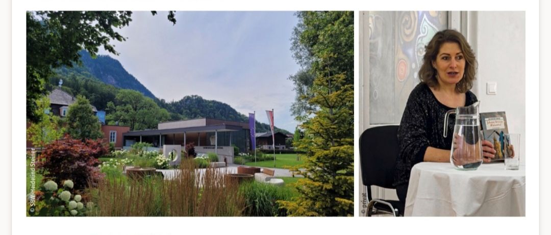 Plakat für einen historischen Spaziergang mit einer Frau, die ein Buch liest, vor dem Hintergrund eines Parks mit Bergen. Die Veranstaltung trägt den Titel 'Spaziergang mit Geschichte(n) - Krimin auf der Wiese' und enthält Details zu Datum, Uhrzeit und Ort.