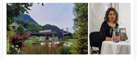 Plakat für einen historischen Spaziergang mit einer Frau, die ein Buch liest, vor dem Hintergrund eines Parks mit Bergen. Die Veranstaltung trägt den Titel 'Spaziergang mit Geschichte(n) - Krimin auf der Wiese' und enthält Details zu Datum, Uhrzeit und Ort.