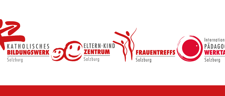Logos des Katholischen Bildungswerks, Eltern-Kind-Zentrums und Frauentreffpunkts in Salzburg. Jedes Logo zeigt ein lächelndes Kind, ein Paar und einen Kreis.