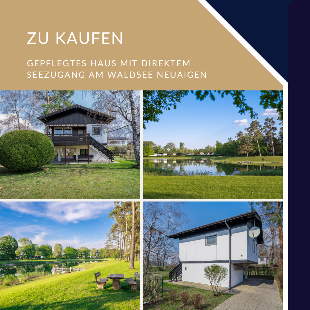 Eine Collage von Bildern, die ein Haus mit direktem Seezugang in Neuaigen zeigt, mit Blick auf den See, einen See mit Steg und einen See mit Bank.