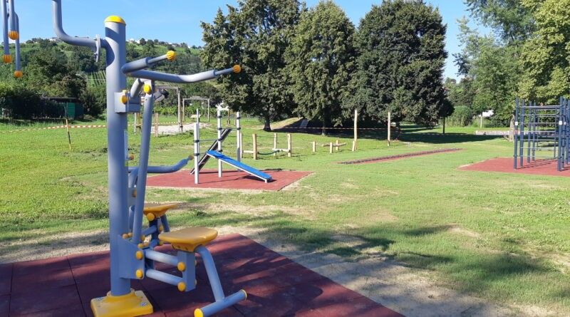 Outdoor-Fitnessgeräte in einem Park mit grünem Rasen und Bäumen. Die Geräte umfassen eine blaue Rutsche und verschiedene Trainingsmaschinen.
