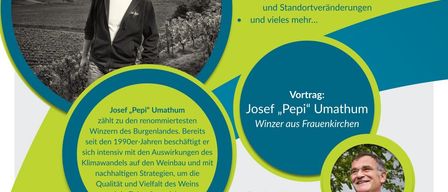 Poster for a wine presentation by Josef 'Pepi' Umatham. He has been working with climate change effects in the Burgenland region since the 1990s, focusing on sustainable strategies to ensure wine quality. The event is on Friday, January 30, 2026, at 14:00.