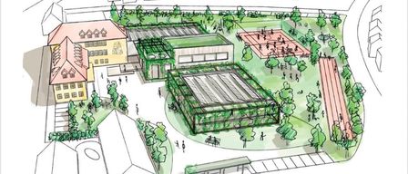 Eine Illustration eines Campus, einschließlich eines Gebäudes, Tennisplätze, eines Busses und verschiedener Wege. Das Bild ist beschriftet mit 'Innovation', 'Bildungscampus' und 'Pinkaboden'. Das Datum der Veranstaltung ist der 20. Januar 2026 um 18:00 Uhr.