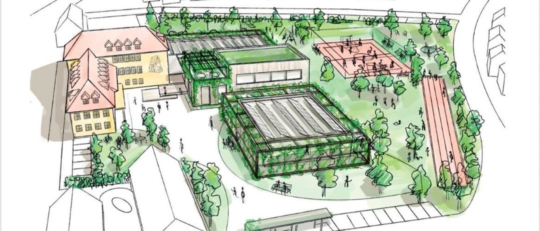Eine Illustration eines Campus, einschließlich eines Gebäudes, Tennisplätze, eines Busses und verschiedener Wege. Das Bild ist beschriftet mit 'Innovation', 'Bildungscampus' und 'Pinkaboden'. Das Datum der Veranstaltung ist der 20. Januar 2026 um 18:00 Uhr.