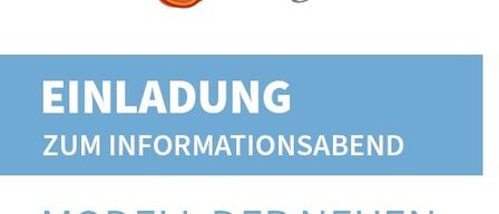 Ein blau-weißes Plakat mit einem gelben Sonnenlogo, das 'Einladung zum Informationsabend' und 'Modell der neuen Pflegestützpunkte' liest. Das Plakat stammt aus der Region Burgenland und lädt zu einem Informationsabend über die neuen Pflegestützpunkte ein.