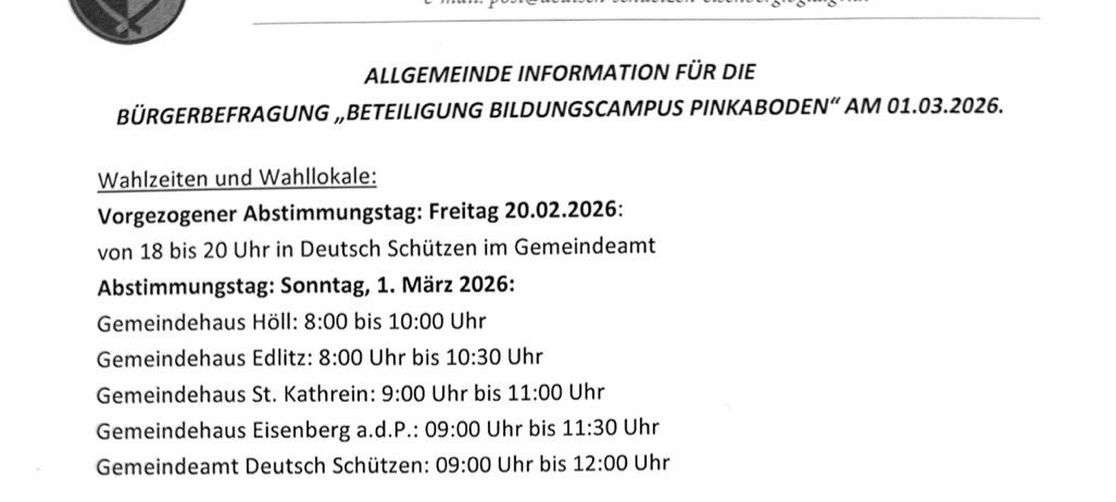 Dokument von Gemeinde Deutsch Schützen-Eisenberg mit Informationen über eine Gemeindeabstimmung am 1. März 2026, mit Öffnungszeiten an verschiedenen Standorten.