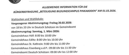 Document from Gemeinde Deutsch Schützen-Eisenberg, providing information about a community vote on March 1, 2026, with voting hours at various locations.