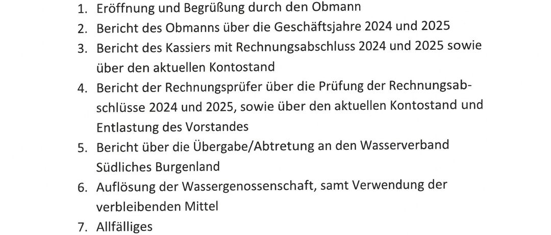 Einladung zur Versammlung am Freitag, 13.03.2026, 18:00 Uhr im Gemeindeamt Deutsch Schützen. Tagesordnung: Eröffnung, Bericht des Obmanns, Kassierbericht, Prüfungsbericht, und allgemeine Angelegenheiten. Zahlreiche Teilnahme erwünscht.