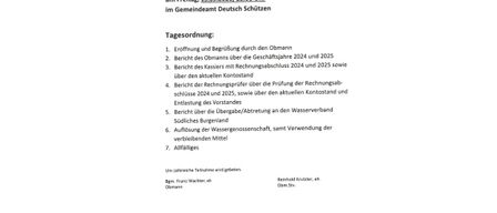 Invitation to the annual meeting on Friday, March 13, 2026, at 6 PM in the German Schutzen community hall. Agenda includes opening, reports on management and treasurers' activities, audit report, and remaining business.