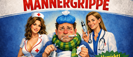 Ein Cartoon-Stil Cover zeigt einen Mann im Krankenhausbett, eine Krankenschwester mit einer Tasse und eine andere Krankenschwester mit einer Spritze. Der Titel lautet 'Der lustige Schwank Mannergrippe'.