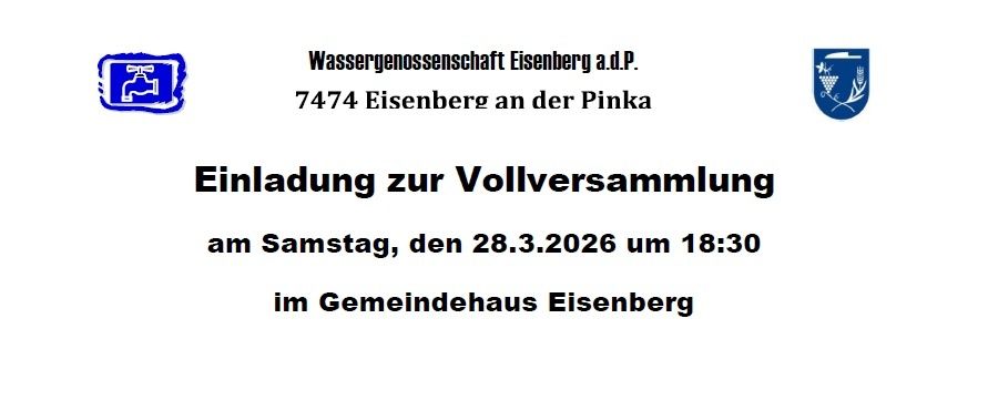 Ein Plakat zur Einladung zur Versammlung im Gemeindehaus Eisenberg am 28.3.2026 um 18:30 Uhr. Es enthält das Logo der Wassergenossenschaft Eisenberg a.d.P. und ein Gemeindewappen.