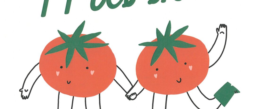 Plakat für einen lokalen Markt mit zwei lächelnden Tomaten, die Händchen halten und Stiefel tragen. Der Markt heißt 'Pflanzerl Markt' und findet am 24. und 25. April statt.