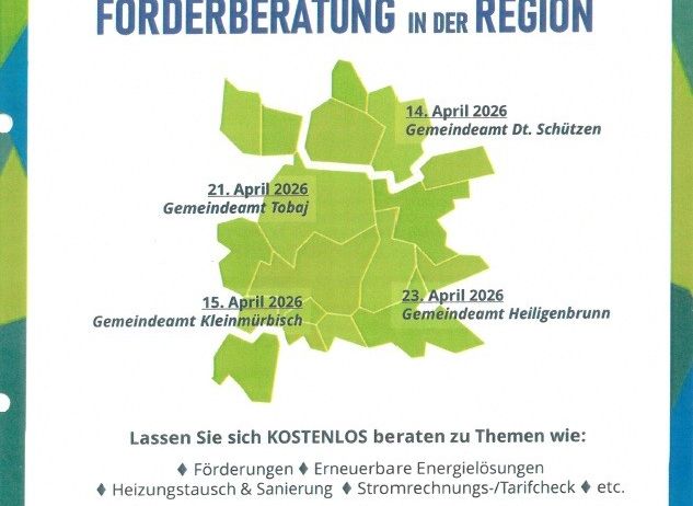 Das Plakat wirbt für kostenlose Beratungen zu Themen wie Förderungen, erneuerbare Energielösungen, Heizungsaustausch, Sanierung, Stromrechnungs-Tarifcheck und mehr. Termine und Orte für diese Beratungen sind aufgeführt. Kontaktinformationen für Terminvereinbarungen werden bereitgestellt.