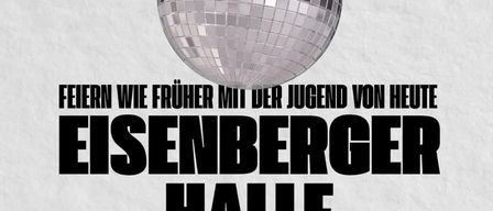 Plakat für das Hallenfest in der Eisenberger Halle am 29. August 2026. Zeigt eine silberne Discokugel vor weißem Hintergrund mit orangefarbenem Text.