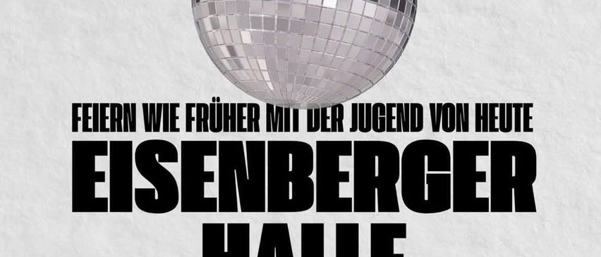 Plakat für das Hallenfest in der Eisenberger Halle am 29. August 2026. Zeigt eine silberne Discokugel vor weißem Hintergrund mit orangefarbenem Text.