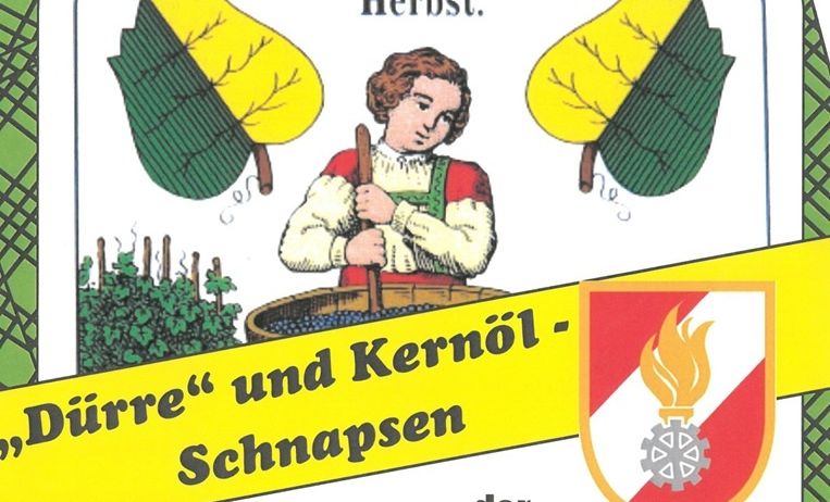 Eine Werbung für die Freiwillige Feuerwehr Edlitz zeigt Herbstblätter, ein Kind und einen Korb mit Früchten und bewirbt getrocknete Früchte und Kernöl-Schnaps.