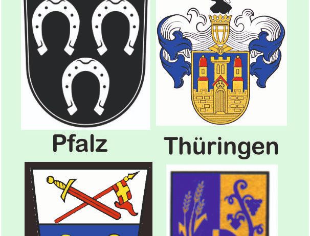 Das Bild zeigt vier heraldische Wappen aus verschiedenen Regionen: Pfalz, Thüringen, Allgäu und Burgenland. Jedes Wappen ist einzigartig mit spezifischen Symbolen.