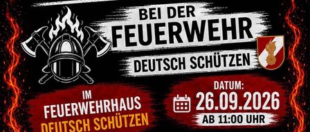 Ein Flyer für ein Pizza-Event bei der deutschen Feuerwehr, mit einem Pizza und einem Helm, mit Details zu Datum, Uhrzeit und verfügbaren Pizzen.