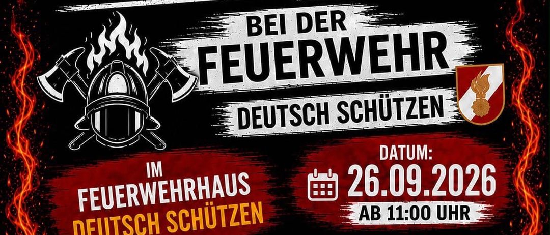 Ein Flyer für ein Pizza-Event bei der deutschen Feuerwehr, mit einem Pizza und einem Helm, mit Details zu Datum, Uhrzeit und verfügbaren Pizzen.