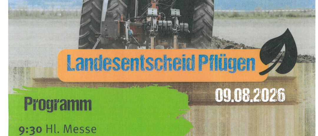 Plakat für eine Landstreitigkeitsveranstaltung am 9. August 2026 mit einem Traktor und einem Mann. Die Veranstaltung umfasst einen Jahrmarkt, Eröffnung, frühes Einkaufen und eine Abschlussfeier.
