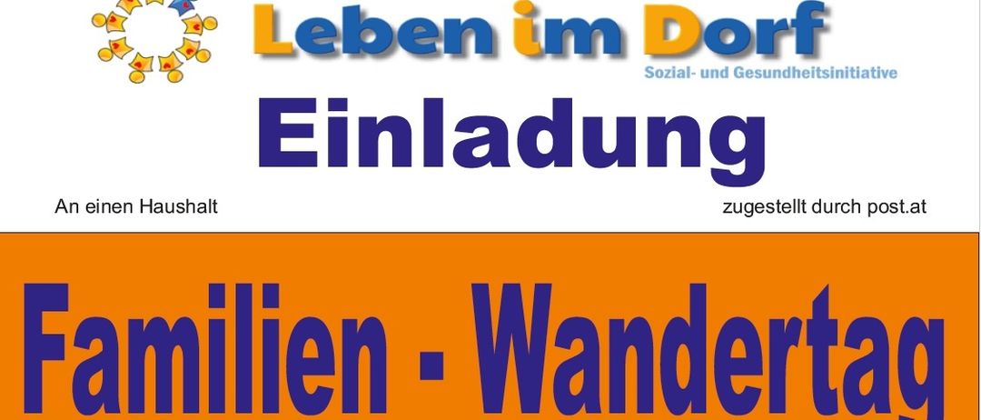 Ein Werbeposter für 'Leben im Dorf' mit einem blau-gelben Logo, dem Titel 'Einladung' und dem Untertitel 'Soziales und Gesundheit'. Das Poster wird von 'million-Wandert' präsentiert.