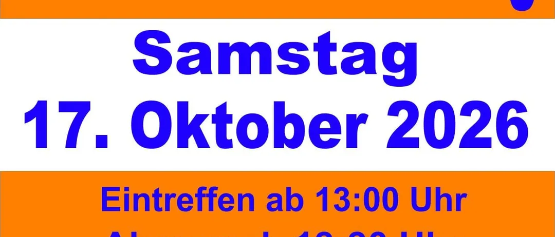 Plakat für einen Familienwanderungstag am Samstag, 17. Oktober 2026. Treffen um 13:00 Uhr, Abfahrt um 13:30 Uhr vom Feuerwehrhaus. Zwei Strecken, eine kürzere und eine längere, mit Raststation. Geselliges Beisammensein bei Essen und Getränken.