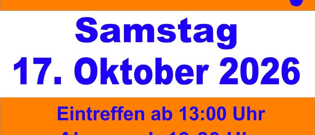 Plakat für einen Familienwanderungstag am Samstag, 17. Oktober 2026. Treffen um 13:00 Uhr, Abfahrt um 13:30 Uhr vom Feuerwehrhaus. Zwei Strecken, eine kürzere und eine längere, mit Raststation. Geselliges Beisammensein bei Essen und Getränken.