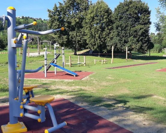 Ein Outdoor-Fitnessbereich mit verschiedenen Trainingsgeräten, einer Rutsche und einem grünen Feld, umgeben von Bäumen unter einem klaren Himmel.