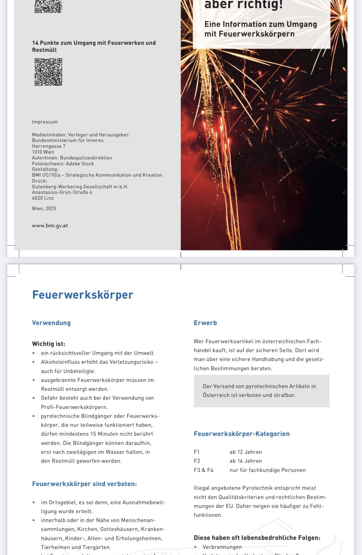 Das Bild zeigt ein Dokument, das die Verwendung von Feuerwerkskörpern diskutiert und dabei die Sicherheit und rechtlichen Vorschriften betont. Es hebt die Notwendigkeit eines sicheren Griffs und die Einhaltung gesetzlicher Bestimmungen hervor, einschließlich der Beschränkungen für den Versand pyrotechnischer Artikel in Österreich. Es werden auch Kategorien von Feuerwerkskörpern und deren jeweilige Altersbeschränkungen erwähnt.