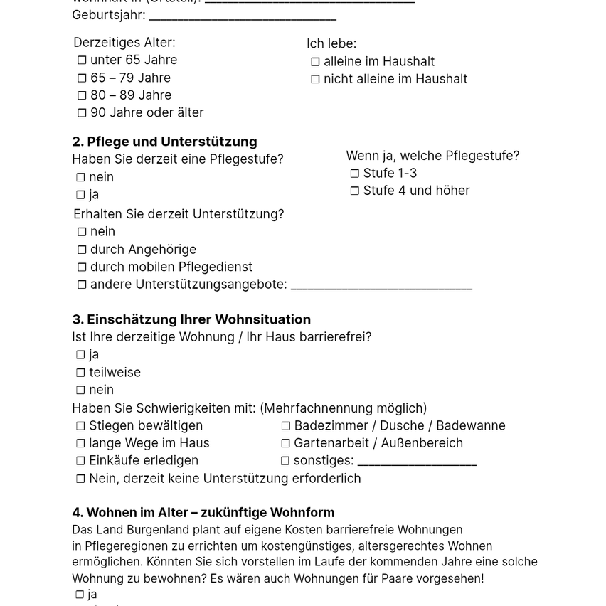 The image contains a form about living conditions and support needs. It asks for age, living situation, care needs, and future housing preferences. The form is in German.