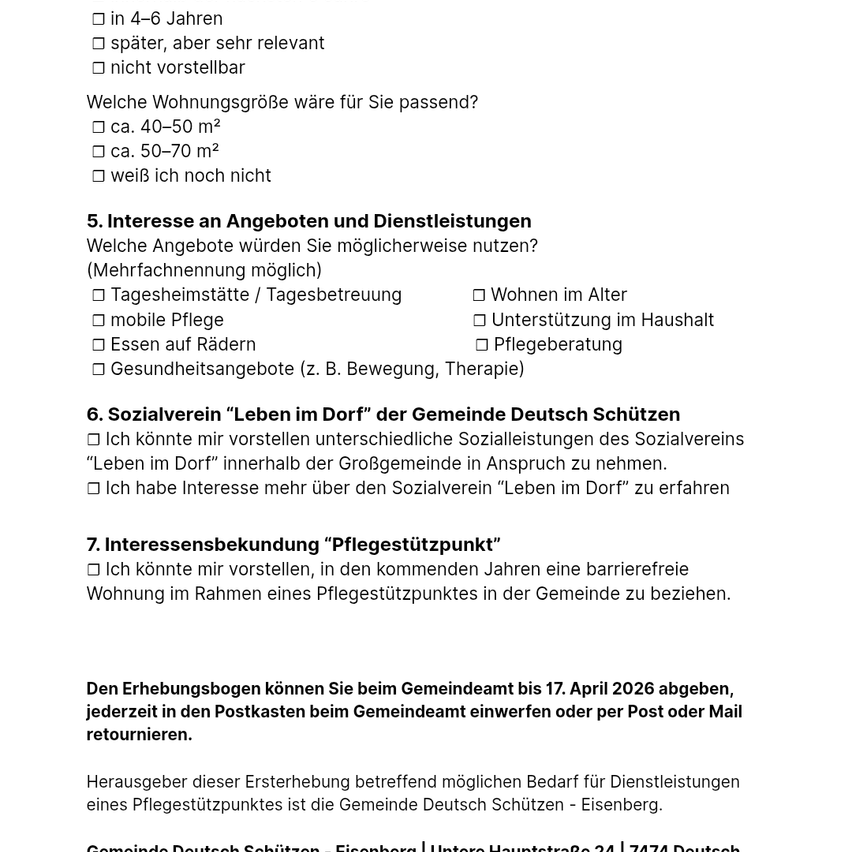 The form asks for preferred living space, available services, and interest in community social services. Housing options range from 40-70 square meters. Services include home care, household support, and health services. Interest in community social services and care points is also queried. Submission deadline is April 17, 2026.
