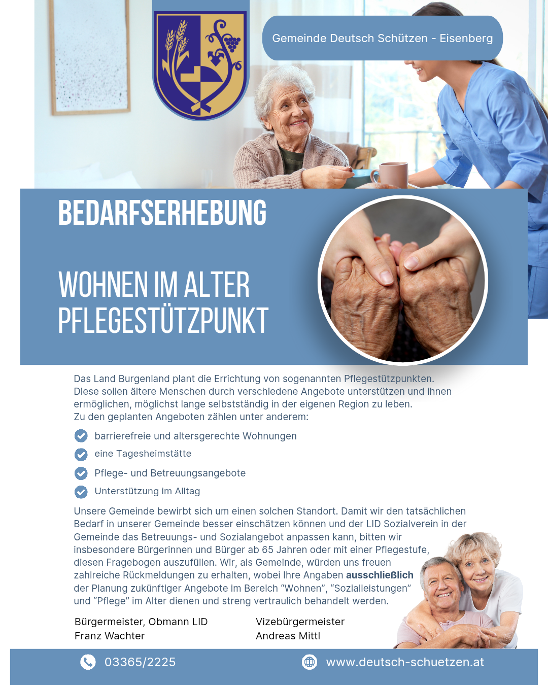 The poster advertises 'Care Provision in Old Age Care Support Point'. It shows an elderly woman and a caregiver, emphasizing elderly care. The Burgenland state plans to create care support points to enable elderly people to live independently for as long as possible. Services include barrier-free homes, day care, care, and support services, and daily support.