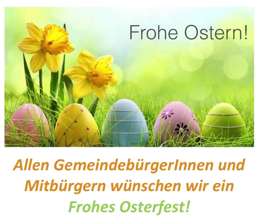 Ein Bild von Ostereiern und gelben Narzissen mit dem Text 'Frohe Ostern' und 'Frohe Osterfest' vor einem unscharfen Hintergrund.