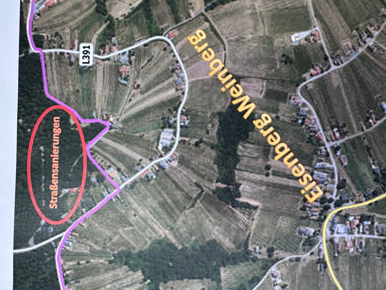 Die Luftaufnahme zeigt ein ländliches Gebiet mit einem roten Kreis, der einen bestimmten Ort hervorhebt. Das Gebiet hat durch L391 gekennzeichnete Straßen. Grüne Felder und Gebäude sind sichtbar. Die Karte ist mit 'Wachtelweg' und 'Eisenstein' beschriftet.